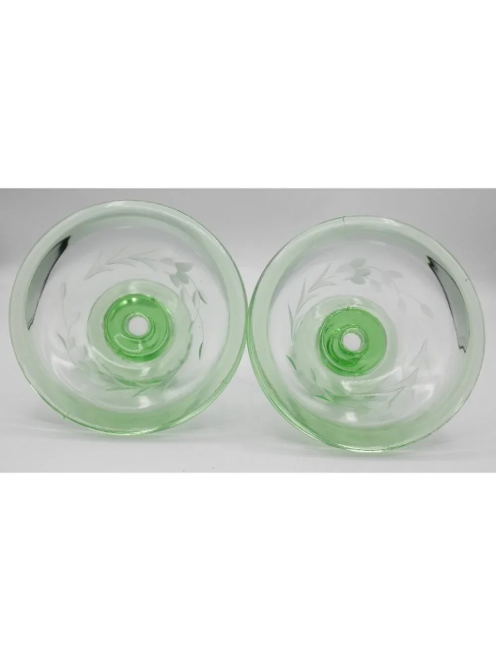 Etched Green Depression Glass Rolled Edge Console Bowl 2 Matching Candle Holders